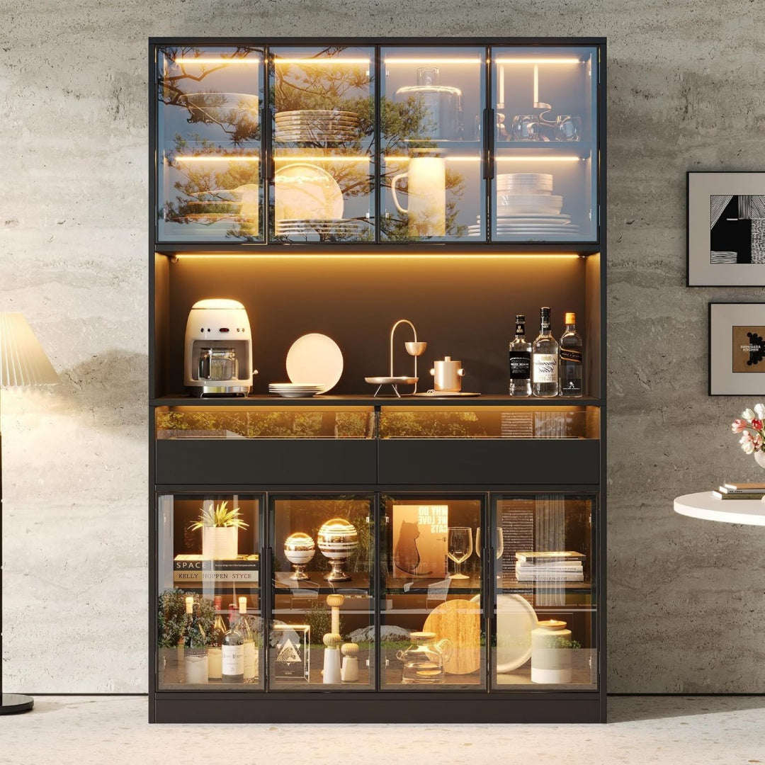 Credenza da soggiorno con illuminazione LED con vetro nero