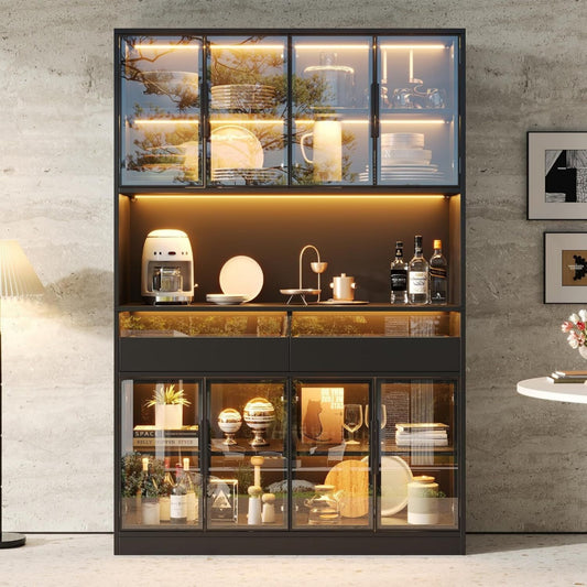 Credenza da soggiorno con illuminazione LED con vetro nero